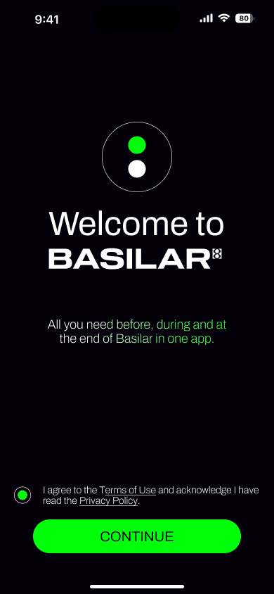 Basilar welcome screen