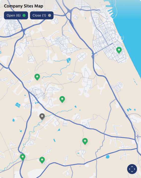 Company sites map with open and closed site pins in Astra