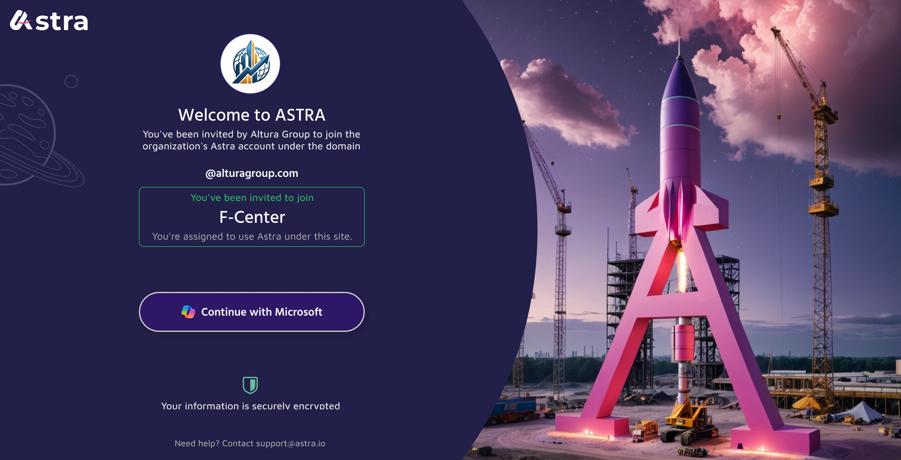 Astra onboarding — site team member with site assignment and Microsoft sign-in